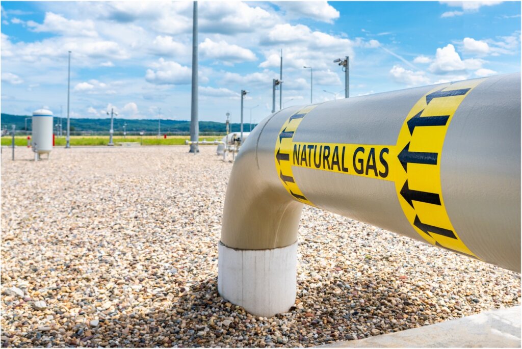 Pipe that reads "natural gas" in yellow and black