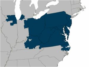 Map with navy blue over the US PJM region