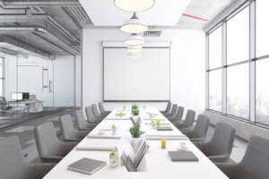 Contemporary open plan office interior with conference room