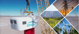 Engie logo on white machine and sideways triangle with solar panels, windmills, electric lines and pipes
