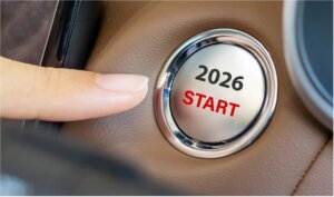 Car push to start button that reads "2026 start"