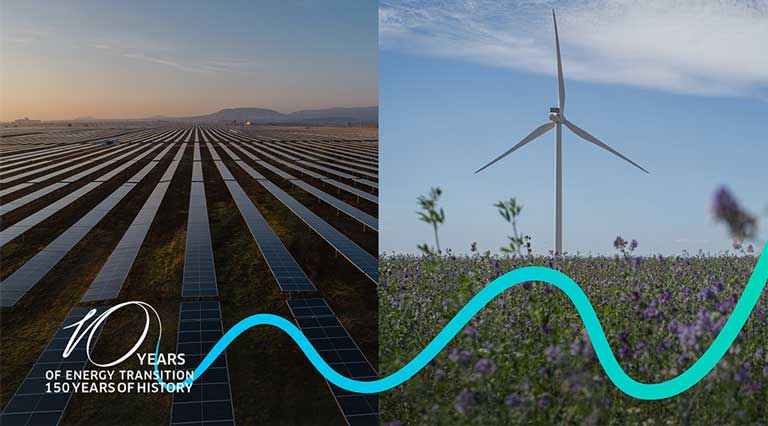 Collage of solar panels and wind turbine