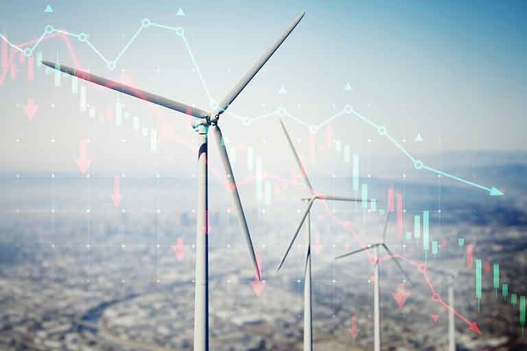 Wind turbine with stock market graph overlayed